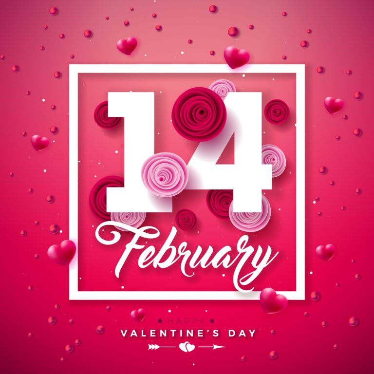 Happy Valentines Day Design with Rose Flower, Heart and 14 February Typography Letter on Light Pink Background. Vector Love, Wedding and Romantic Valentine Theme Illustration for Flyer, Greeting Card, Banner, Holiday Poster or Party Invitation.